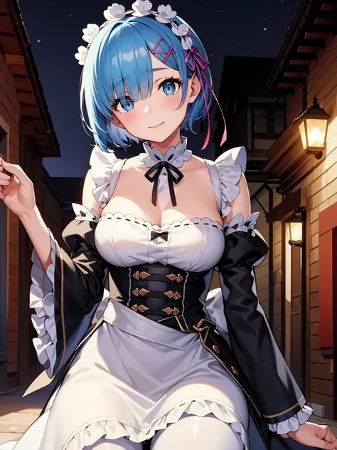 poor, short hair, maid headdress, x hair accessories, hair ribbon, hair on one eye, large breasts, frills, neck ribbon, cleavage...