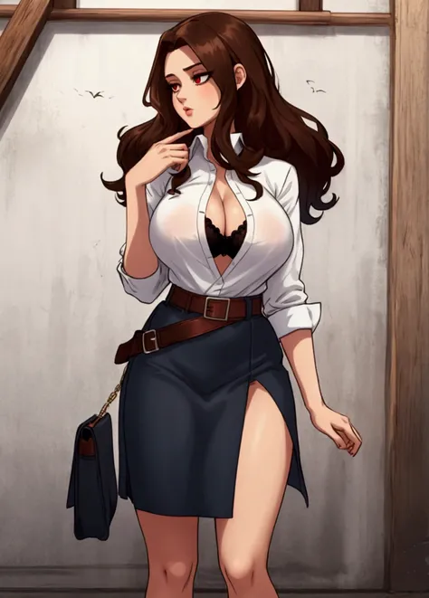 A tall girl, sexy, beautiful, big breast, cute, long brown hair, her red eye, wears a short white blouse, shows her chest, a black bra, and a short blue short, a brown belt, and a black heel.