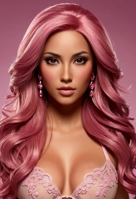 Create a high-quality, full-body model of a Latina woman styled like the model marissa dubois. The model should have long, flowing pink hair and a sexy, confident demeanor. Her eyes should be a warm amber color. The design should include both fully nude an...