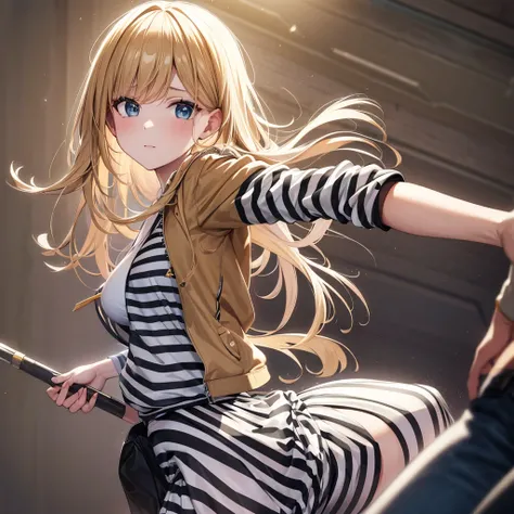 White girl, hair blonde, striped shirt, jeans jacket, Black tight skirt