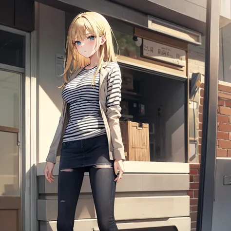 White girl, hair blonde, striped shirt, jeans jacket, Black tight skirt