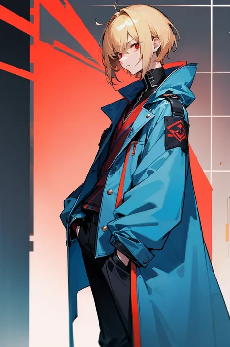 Solo, male, blue coat, red eyes , straight facial, short Length hair, blonde and gradiant black streaks color, arms in pockets