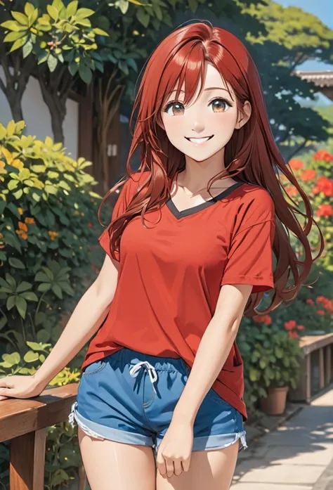 girl, red hair, brown eyes, long hair, red shirt, short blue shorts, medium chest, smile 