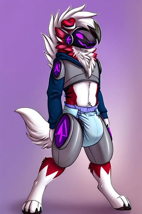  A dark purple femboy Midnight protogen lycanroc wearing a blue and purple hoodie and diaper and white socks with black stripes and a gold necklace on the neck and with bracelets on the arms 