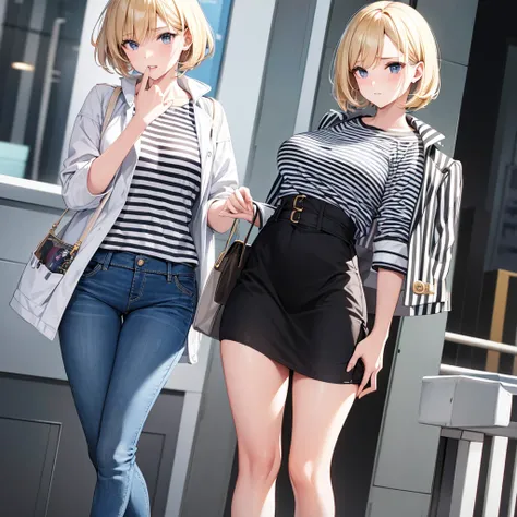 White girl, straight short blonde hair, striped shirt, jeans jacket, Black tight skirt