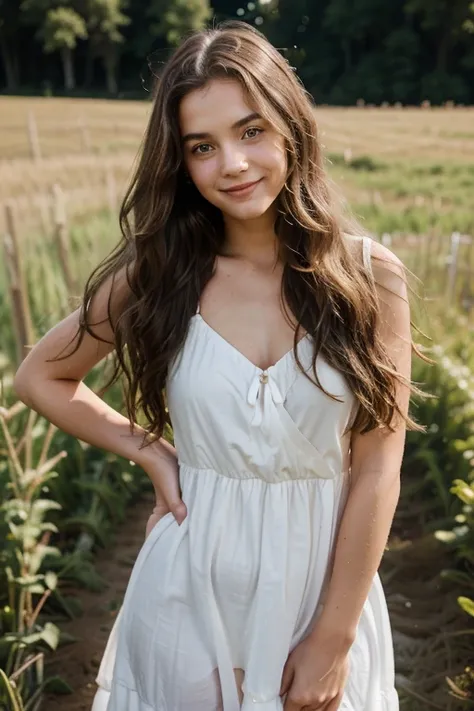 Generate an image of the girl of about 23 years old, with long, wavy hair that falls gently on her shoulders. Her lips are slightly flushed, as if she is smiling shyly, white dress, bare foot, hands on the hips, happy in the field