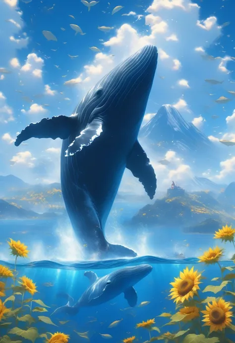 ((Masterpiece)), ((Best Quality)), (Very Detailed), ((Very Detailed)), 4K, (8K), very aesthetic, absurdres highres, A whale swims across a blue sky bathed in summer sunlight, drifting gracefully over a field of golden sunflowers. The smooth skin of the wha...