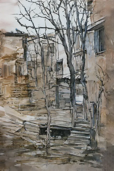 rua deserta, beco iluminado por postes, at the end of the alley you see a  tree, sem folhas. monochrome watercolor style (tona d...