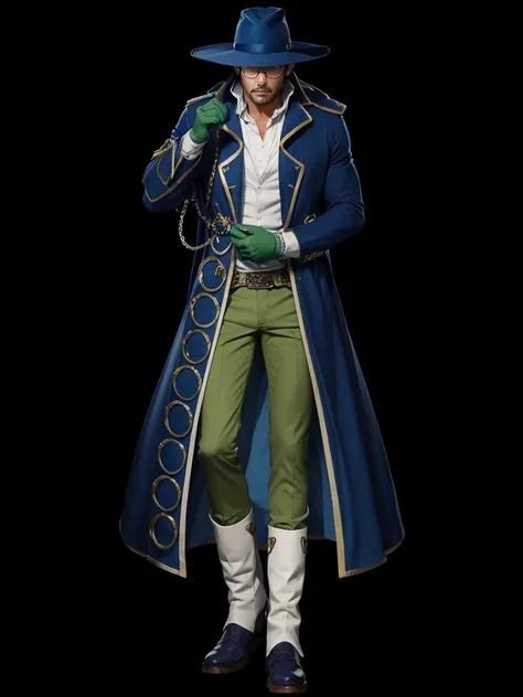 A man with a blue hat, with a blue cape, with green pants, white  shirt, White Boots, is wearing glasses 