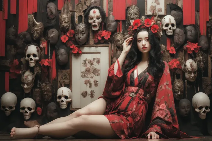 (masterpiece:1.2), Highest quality,
One girl, (((Spread your legs and show your vagina)))、Cross-legged、flower, Straight black hair, Red eyes, hair ornaments, hair flower, mask, View your viewers, red flower, Long sleeve, Are standing, red dress, Holding, W...