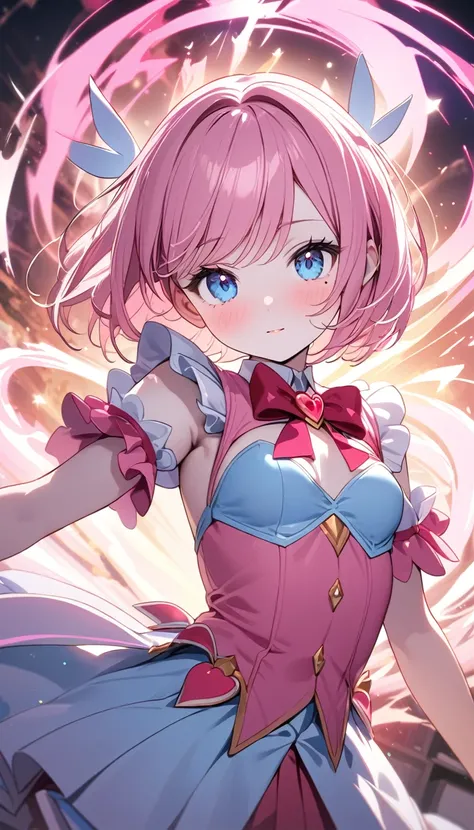 (1 girl),(Best Picture Quality, 8K, Masterpiece:1.3), (high school student:1.5), ((pink lob hair:1.1)), (bob cut),(swept bangs), (cute eyes, pupil black, iris skyblue, youthful face), (mole under right eye), (standard weight), (small breasts), (big hip),(g...