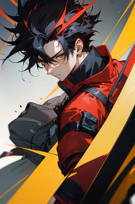 ((highest quality)), ((masterpiece)), (be familiar with), 1 male, alone, Black Hair,Spiky Hair,cargo pants,Red jacket,Yellow Shirt,Large,Fingerless Gloves, cyber punk,SF,
