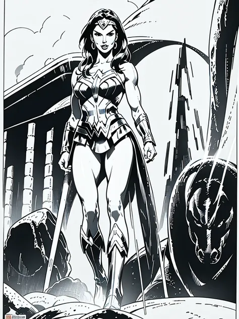 (Wonder Woman)GalGadot,Full body, illustration in Buscema drawing style;beautiful female,spartan helmets and armor, warrior woman art,swords and sheilds, Wide Angle,8K True-to-Life Picture Quality, muscular body types,Perfect facial details,agressive facia...