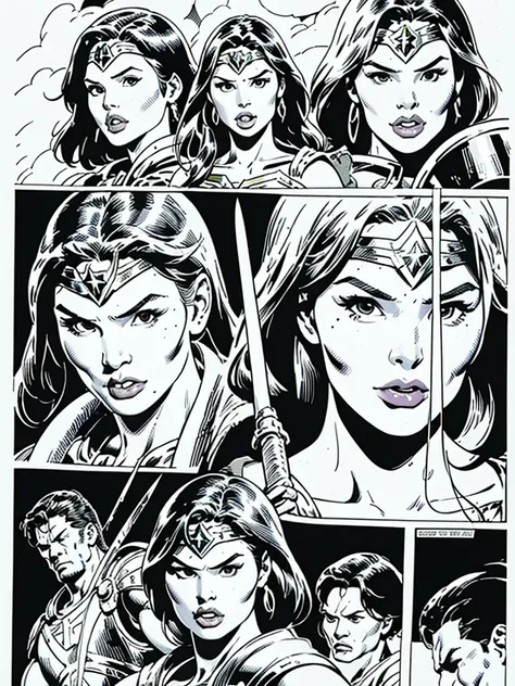 (Wonder Woman)GalGadot,Full body, illustration in Buscema drawing style;beautiful female,spartan helmets and armor, warrior woman art,swords and sheilds, Wide Angle,8K True-to-Life Picture Quality, muscular body types,Perfect facial details,agressive facia...