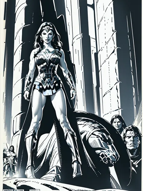 (wonder woman)galgadot,full body, illustration in buscema drawing style;beautiful female,spartan helmets and armor, warrior woma...