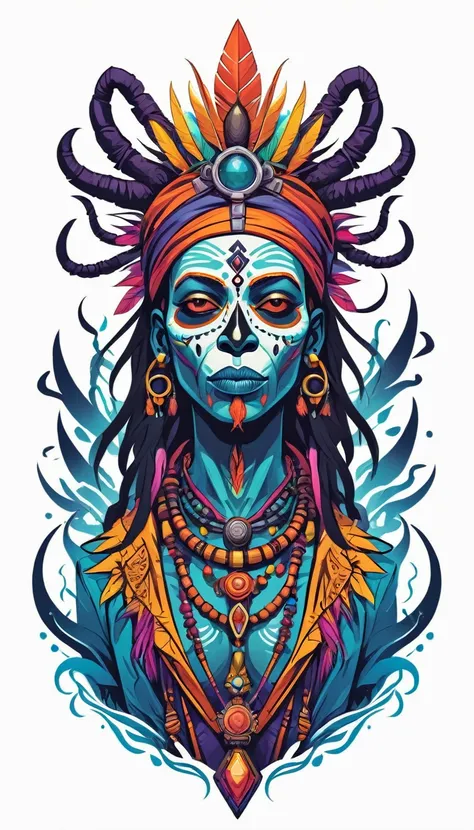 a detailed, cool, trendy, minimalistic voodoo witch doctor, for a t-shirt design, White background, vibrant colors, pretty, fine detail, clear professional, quality, aesthetic, glowing, dramatic light, beautifully scenic, rich deep vivid color, striking, e...