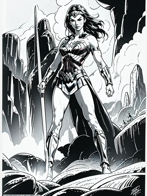 (Wonder Woman)GalGadot,Full body, illustration in Buscema drawing style;beautiful female,spartan helmets and armor, warrior woman art,swords and sheilds, Wide Angle,8K True-to-Life Picture Quality, muscular body types,Perfect facial details,agressive facia...