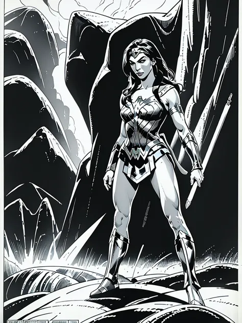 (wonder woman)galgadot,full body, illustration in buscema drawing style;beautiful female,spartan helmets and armor, warrior woma...