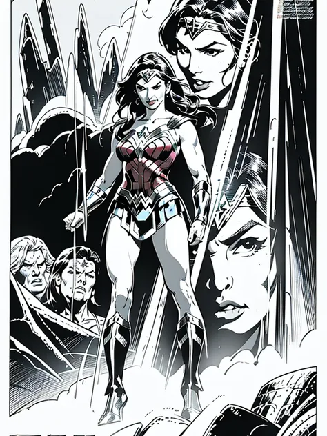 (Wonder Woman)GalGadot,Full body, illustration in Buscema drawing style;beautiful female,spartan helmets and armor, warrior woman art,swords and sheilds, Wide Angle,8K True-to-Life Picture Quality, muscular body types,Perfect facial details,agressive facia...