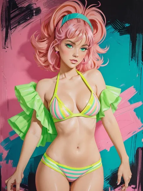 ((Speed Paint) +++ Female portrait, palette knife painting, impressionist style, brushwork technique, large stroke, Open shirt, A stunning illustration, pink green-haired goddess, dressed in 1980s womens fashion, 1980s pop hair styles, pale skin, tube top,...