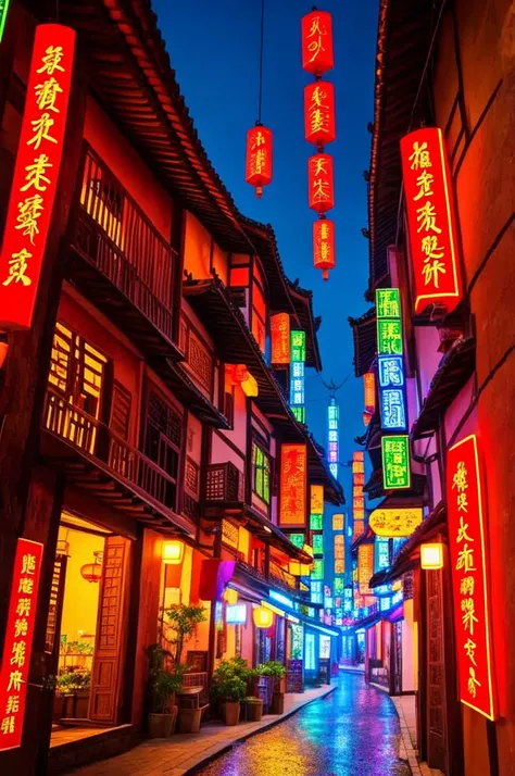 Scenery in ancient China with neon lights  