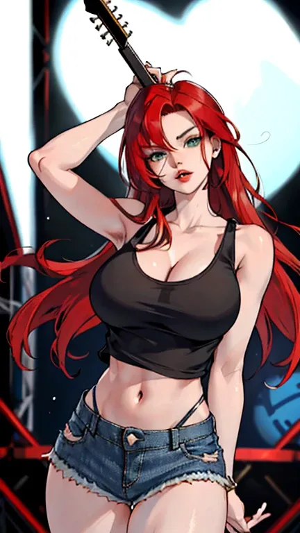 ((red hair)), green eyes, long hair up to half, huge bust, ((full lips)), ((masterpiece)), ((detailed)), ((tank top)), ((denim s...