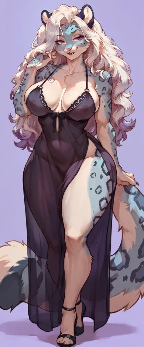 (solo) female anthro snow leopard, long fluffy hair, snow leopard, (big breasts:1.5), attractive, nightgown,   fit body, snow leopard tail,, thicc, freckles, freckles on face, smug eyes, (happy expression), she is standing look to the viewer , violet backg...