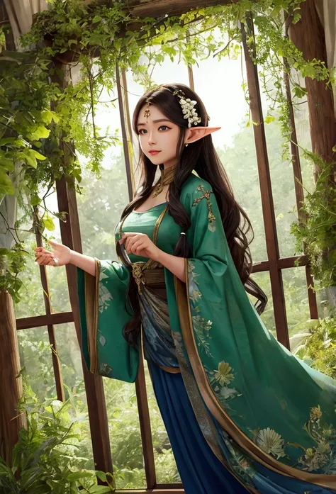 {
  "model": "Stable Diffusion XL",
  "prompt": {
    "subject": "nature elf girl",
    "details": {
      "hair": "long wavy hair adorned with flowers and leaves",
      "eyes": "large emerald green eyes",
      "ears": "pointed ears",
      "clothing": "...