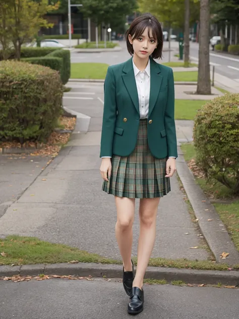 moss greencolor blazer style ,knee length pleated skirt,tartan check skirt