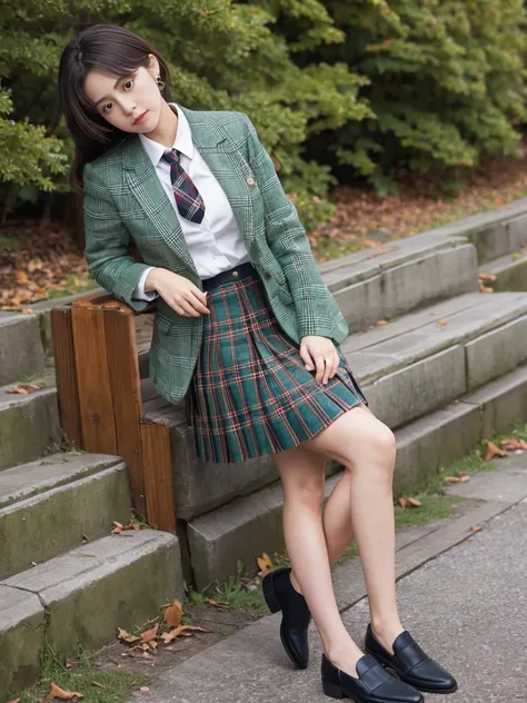 moss greencolor blazer style ,knee length pleated skirt,tartan check skirt