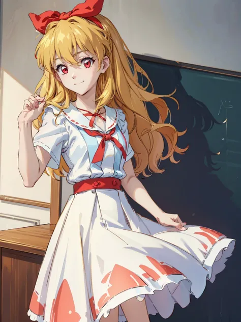 (red ribbon on hairband:1.2),（8K, best quality, muste piece:1.2)、ultra high resolution,1 very cute girl,hosimiya ichigo,ultra-detailed face, detailed eyes,RED eyes,,White sailor collar plain short sleeve shirt,light blue skirt,Light blue suspenders,uniform...