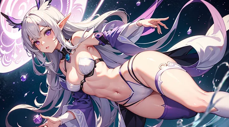 elf girl, by the wide, by white, space, magic, heterochromia, pink eye, Purple eye, volumetric light, ultra detailed, Detailed strokes, tight thighs, detailed face, masterpiece,