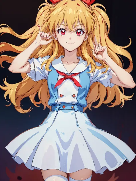 (red ribbon on hairband:1.2),（8K, best quality, muste piece:1.2)、ultra high resolution,1 very cute girl,hosimiya ichigo,ultra-detailed face, detailed eyes,RED eyes,,White sailor collar plain short sleeve shirt,light blue skirt,Light blue suspenders,uniform...