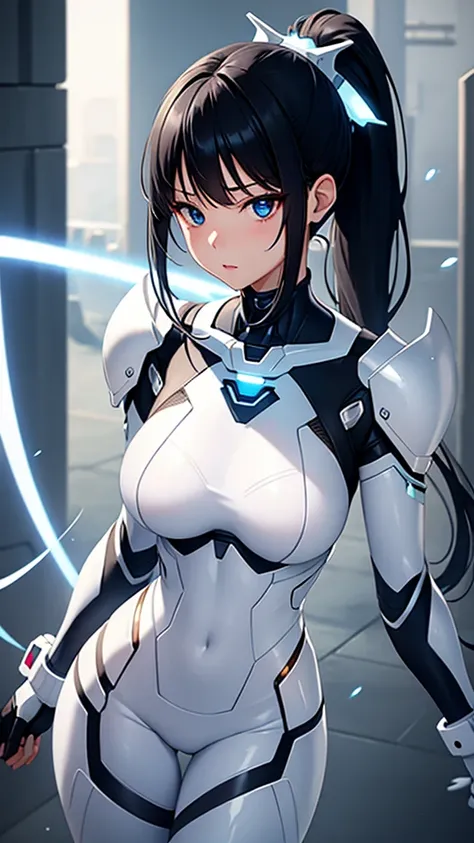 Sexy white cyborg suit、17 years old、beautiful girl、ponytail、Black Hair、fight、blue beam、H Cup