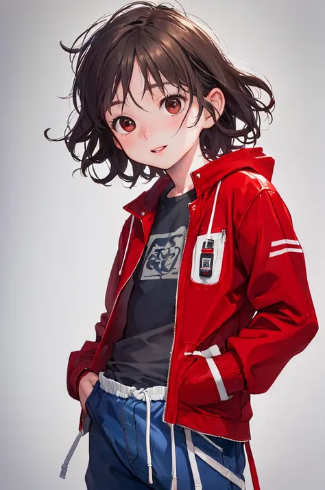 (((Masterpiece))), best quality, cowboy shot, perfect anatomy, ((realistic faces)), realistic anatomy, painterly, 1boy, (((shota))), solo, fanny pack, wavy hair, short hair, red jacket, three quarter view, simple background, white background, hand in pocke...