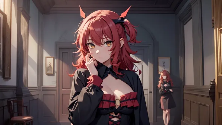 Best god quality, NO EXTRAS, detailed, a dark room with moonlight shining in, no windows, dark bedroom, minimal lights, confident succubus girl, succubus in long dress, perfect anatomy, She is alone in a room at night, exposed thighs, inside bedroom, shes ...