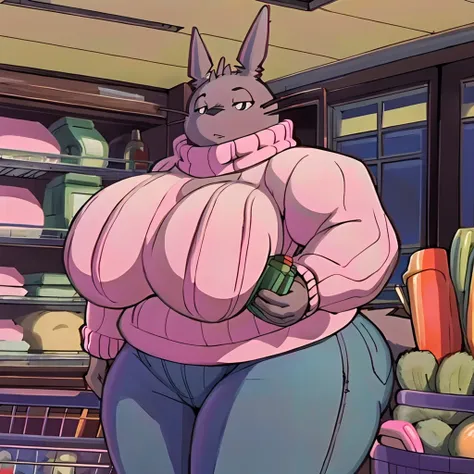 high resolution, (masterpiece:1.4), (totoro), female, chubby, high detail eyes, (sweater and jeans:1.2),(grocery:1.2),detailed b...