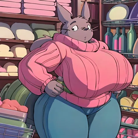 high resolution, (masterpiece:1.4), (totoro), female, chubby, high detail eyes, (sweater and jeans:1.2),(grocery:1.2),detailed b...