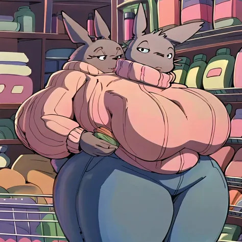 high resolution, (masterpiece:1.4), (totoro), female, chubby, high detail eyes, (sweater and jeans:1.2),(grocery:1.2),detailed b...