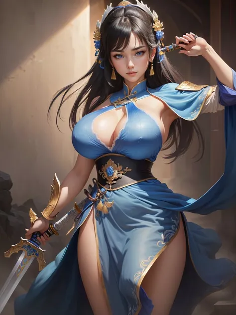 Woman in blue dress holding a sword, Inspired by Li Mei-shu, Inspired by Li Tang, Yunling, Inspired by Ju Lian, Inspired by Wu Zuoren, Inspired by Cao Zhibai, Inspired by Wu Li, Inspired by Run In, Inspired by Zhou Fang, Inspired by Du Qiong,  Highly detai...