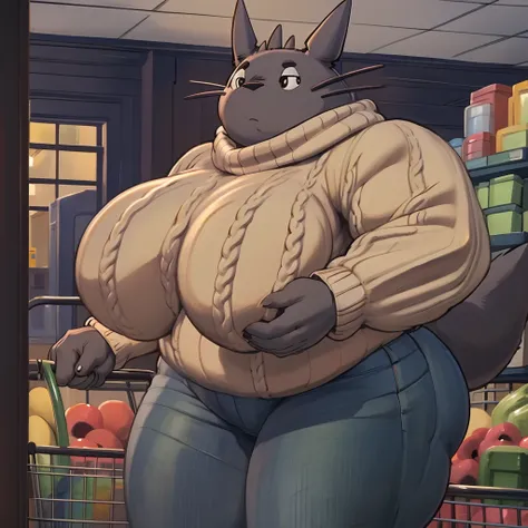 high resolution, (masterpiece:1.4), (totoro), female, chubby, high detail eyes, (sweater and jeans:1.2),(grocery:1.2),detailed b...