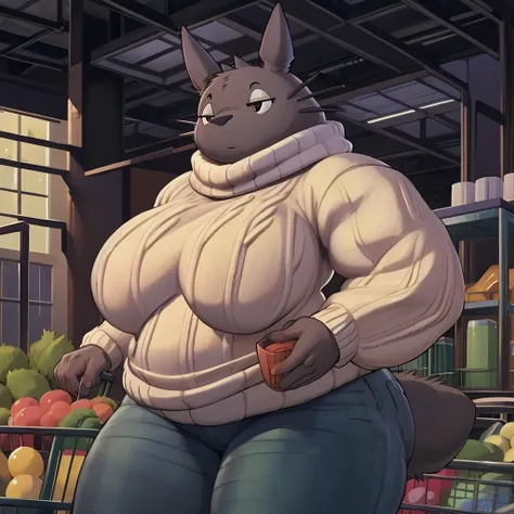 high resolution, (masterpiece:1.4), (totoro), female, chubby, high detail eyes, (sweater and jeans:1.2),(grocery:1.2),detailed b...