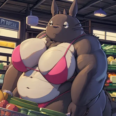 high resolution, (masterpiece:1.4), (totoro), female, chubby, high detail eyes, (bikini:1.2),(grocery:1.2),detailed backround, (...