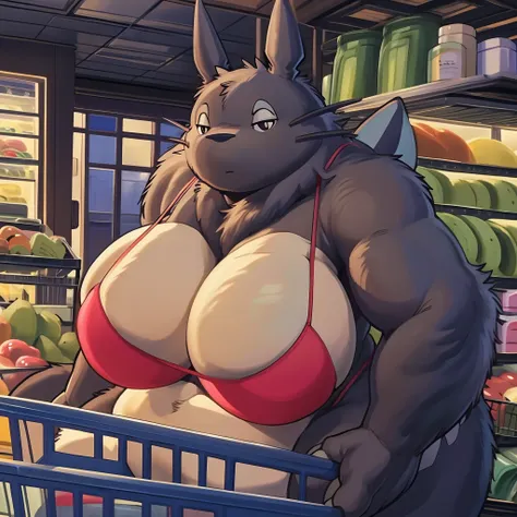 high resolution, (masterpiece:1.4), (totoro), female, chubby, high detail eyes, (bikini:1.2),(grocery:1.2),detailed backround, (...