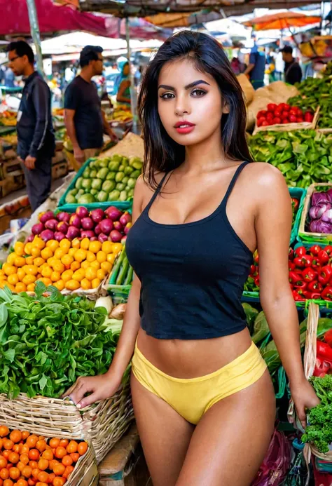 i am so bored, can you give me a photo of a hot girl? at a market, buying vegetables