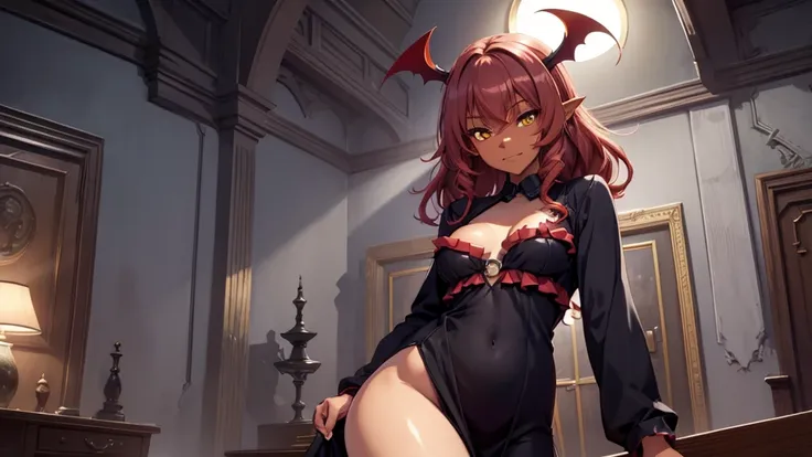 Best god quality, NO EXTRAS PEOPLE, no one in background, detailed, a dark room with moonlight shining in, no windows, dark bedroom, minimal lights, confident succubus girl, succubus in long dress, perfect anatomy, She is alone in a room at night, exposed ...