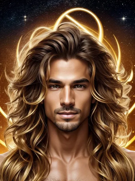 Create a man with unique characteristics, inspired by the sign of Leo and the cosmological stars An artistic representation of the essence of this sign, with striking features and a mysterious aura, leave in evidence golden traces of gold and golden lights...