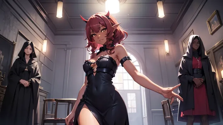 Best god quality, NO EXTRAS PEOPLE, no one in background, detailed, a dark room with moonlight shining in, no windows, dark bedroom, minimal lights, confident succubus girl, succubus in long dress, perfect anatomy, She is alone in a room at night, exposed ...