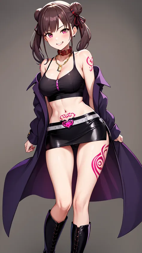 masterpiece, Highest quality, High resolution, Chiyoko, Hair Bun、Double good, Twin tails, Hair Ribbon, collar, Chain Necklaces, Expose your shoulders, Cleavage, Off the shoulder, Pink jacket, Open jacket, abdomen, belt, Black Skirt, 、,{{alone,ボーイッシュ 1 Girl...