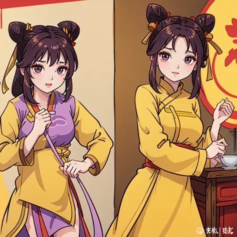 ((best quality, ancient china)), 1chica, brown fur ((bun hairstyle)) , purple eyes, yellow tunic ((completely yellow tunic))